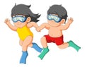 The boy and girl are swimming and diving together with the happy expression