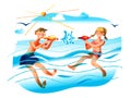 Boy and girl swimming and shooting aqua pistol