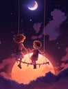 a boy and girl swing on a moon image