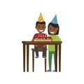 Boy and Girl at Table with Happy Birthday Cake Royalty Free Stock Photo