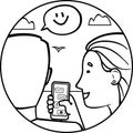 The boy and girl are talking; round icon. A girl shows a guy her chat phone. Friends, couple, man and woman are smiling. Emoji in