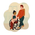 Boy and girl talking to each other. Girl in a wheelchair with a friend. Flat vector illustration. Back to school concept Royalty Free Stock Photo