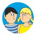 Young pair, two teenager, boy and girl, blue circle frame, eps.