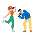 Boy And Girl Teenagers Singing In Karaoke Vector