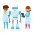 Boy and Girl Teenagers Wearing Laboratory Suits Configurating Robot with Tablet Vector Illustration