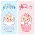 Baby shower design. Newborn baby girl and boy in swaddle, blanket. Royalty Free Stock Photo