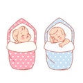 Newborn sleeping baby girl and boy in swaddle, blanket. Royalty Free Stock Photo