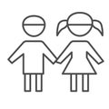 Boy and girl thin line icon, 1st June children protection day concept, children silhouettes sign on white background