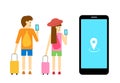 Boy and girl traveller use mobile app, vector art