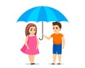 Boy and girl under blue protection umbrella. Children life and health care insurance symbol concept. Kids safety