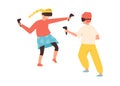 Boy and girl in VR headset play video games, flat vector illustration isolated. Royalty Free Stock Photo