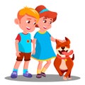 Boy And Girl Walk The Dog, Pet Vector. Isolated Illustration