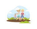 Boy and Girl Walking with Bicycle, Friendship and Love Between Kids, Happy Valentine Day Vector illustration