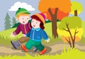 Boy and girl walking in the park in autumn, cartoon illustration, vector illustration