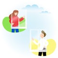 Boy and girl waving hands to each other in windows. Corona virus, covid-19 concept. Safety alert banner. Vector Royalty Free Stock Photo