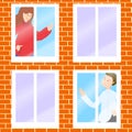 Boy and girl waving hands to each other in windows. Stay home stay safe hand drawn illustration. Corona virus, covid-19, home dati Royalty Free Stock Photo