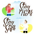 Boy and girl waving hands to each other in windows. Stay home stay safe hand drawn lettering. Corona virus, covid-19 concept. Safe Royalty Free Stock Photo