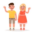 Boy and girl are waving hands. Vector illustration Royalty Free Stock Photo