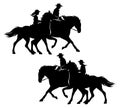 Boy and girl wearing cowboy hat riding running horses with their father black vector silhouette Royalty Free Stock Photo