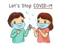 Boy and girl  wearing medical masks and washing their hands to protect against Covid-19, vector illustration Royalty Free Stock Photo