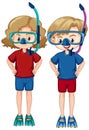 Boy and girl wearing snorkels and fins on white background