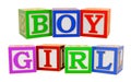 Boy and girl words from ABC alphabet wooden blocks, 3D rendering Royalty Free Stock Photo