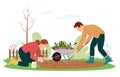 Boy and girl work in the garden Cute young woman sowing seeds of flowers on backyard in the spring Man raking the beds