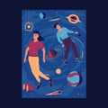 Boy and girl in zero gravity. Freedom concept. People in outer space. Cosmos exploration. Galaxy discovery. Couple Royalty Free Stock Photo