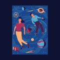 Boy and girl in zero gravity. Freedom concept. People in outer space. Cosmos exploration. Galaxy discovery. Couple flying with Royalty Free Stock Photo