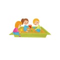 Boy and girls playing in sandpit, kids on a playground vector Illustration on a white background