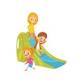 Boy and girls playing on a slide, kids on a playground vector Illustration on a white background Royalty Free Stock Photo