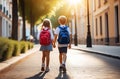 Boy and girls, schoolchildren walking on the road to school, in summer, in spring, the sun shines with kars and backpacks,