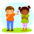 Boy gives flower to girl