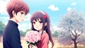 The boy gives flowers to the girl.Drawing in anime style. Royalty Free Stock Photo