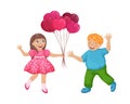A boy gives a girl balloons in the form of a heart.A boy in love gives a gift to a girl. Kids on Valentine s Day in Royalty Free Stock Photo