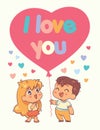 Boy gives girl a big balloon in the shape of a heart. I love you. Greeting card template Royalty Free Stock Photo