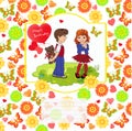 Boy gives a girl a gift. Background of flowers, hearts, butterflies. Vector illustration Royalty Free Stock Photo