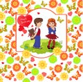 Boy gives a girl a gift. Background of flowers, hearts, butterflies. Vector illustration Royalty Free Stock Photo