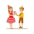 Boy Giving Present To Girl, Kids Birthday Party Scene With Cartoon Smiling Character Royalty Free Stock Photo