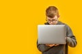 Boy with glasses holds laptop isolated on yellow background. Remote online learning. Programming for children. Copy space Royalty Free Stock Photo
