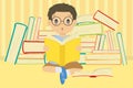 Boy With Glasses Reading Book Cartoon Vector Royalty Free Stock Photo