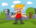 A boy with glasses smile at the park cartoon