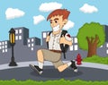 A boy going to school with city background cartoon