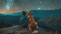 Boy and golden retriever admire night sky on mountain cliff, rear view in serene moment