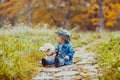 Boy with golden retriever puppy Royalty Free Stock Photo