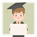 A boy in graduation gown holding the blank sign illustration vector banner on white background. Education concept Royalty Free Stock Photo