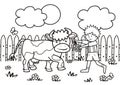 Boy with grass and cow in the garden, coloring book, eps. Royalty Free Stock Photo