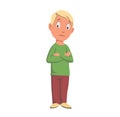 Boy in green looking confused, teenager character hand crossed. Flat vector illustration. Isolated on white background.