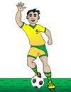 Boy in green and yellow soccer uniform playing with soccer ball.