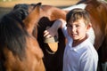 Boy grooming the horse in the ranch Royalty Free Stock Photo